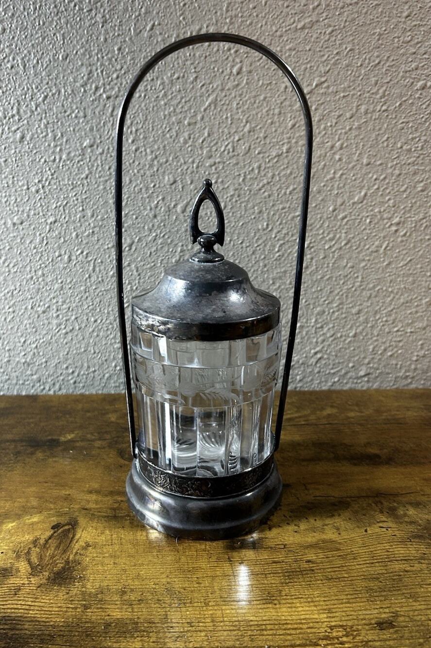 Antique Victorian Silverplate Pickle Castor Etched Wheat Glass Jar Lid